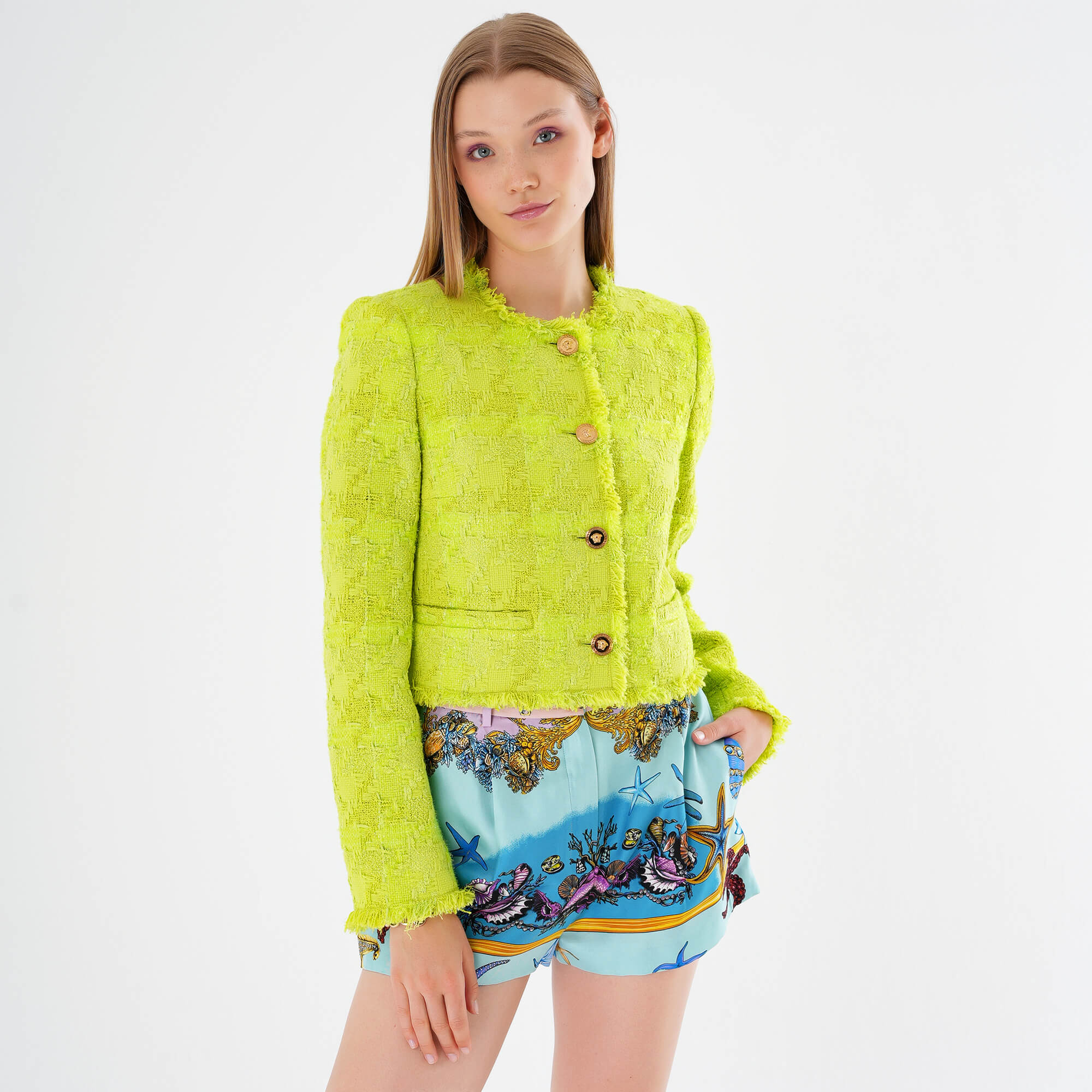 Versace - Neon Green Cropped Tweed Jacket IT42